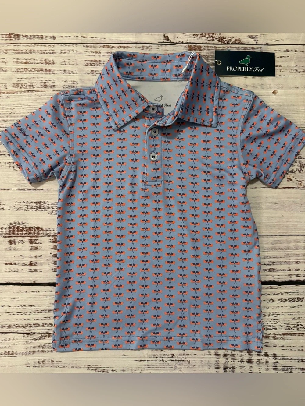 NWT Properly Tied Polo Shirt Blue Flags Patriotic Performance 2T
